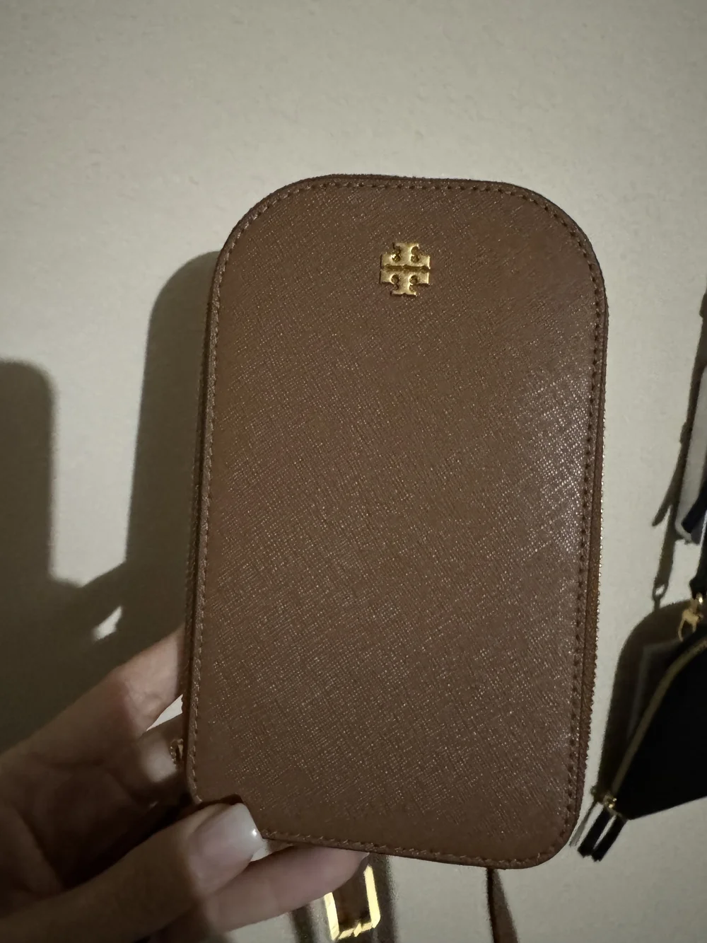 Tory Burch Chestnut Leather Zip Crossbody Phone Pouch with Gold Logo